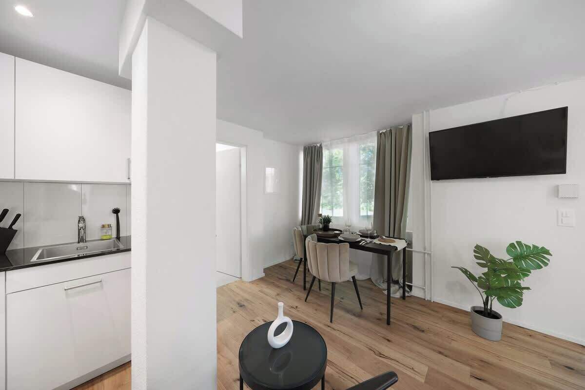 A modern kitchen with white cabinets, a dining area with a table and chairs, a potted plant, and a mounted TV.