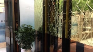 Una planta en maceta cerca de una puerta de cristal con una malla metálica de seguridad.