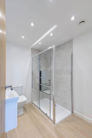 A modern bathroom with a glass-enclosed shower, a toilet, and a sink.