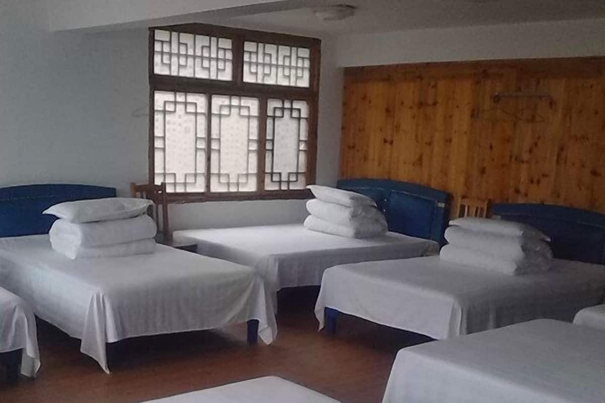 A hotel room with six beds arranged in two rows, wooden paneling on the walls, and a large window with a geometric pattern.