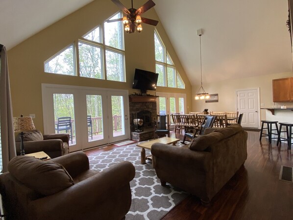 Smart TV, fireplace, video games, DVD player