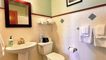 Une salle de bain avec un lavabo, des toilettes et un miroir. Des serviettes sont accrochées au mur et un cadre avec une image est placé au-dessus des toilettes.