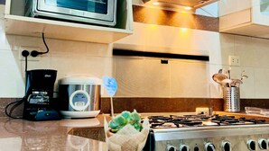 Una cocina con horno empotrado, cafetera, estufa y una pequeña planta en la encimera.