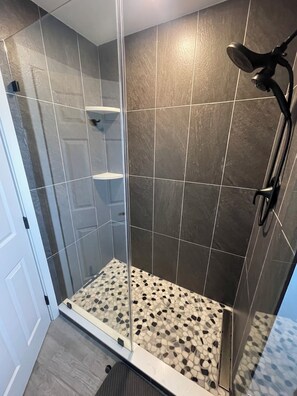 Hair dryer, towels, soap, shampoo