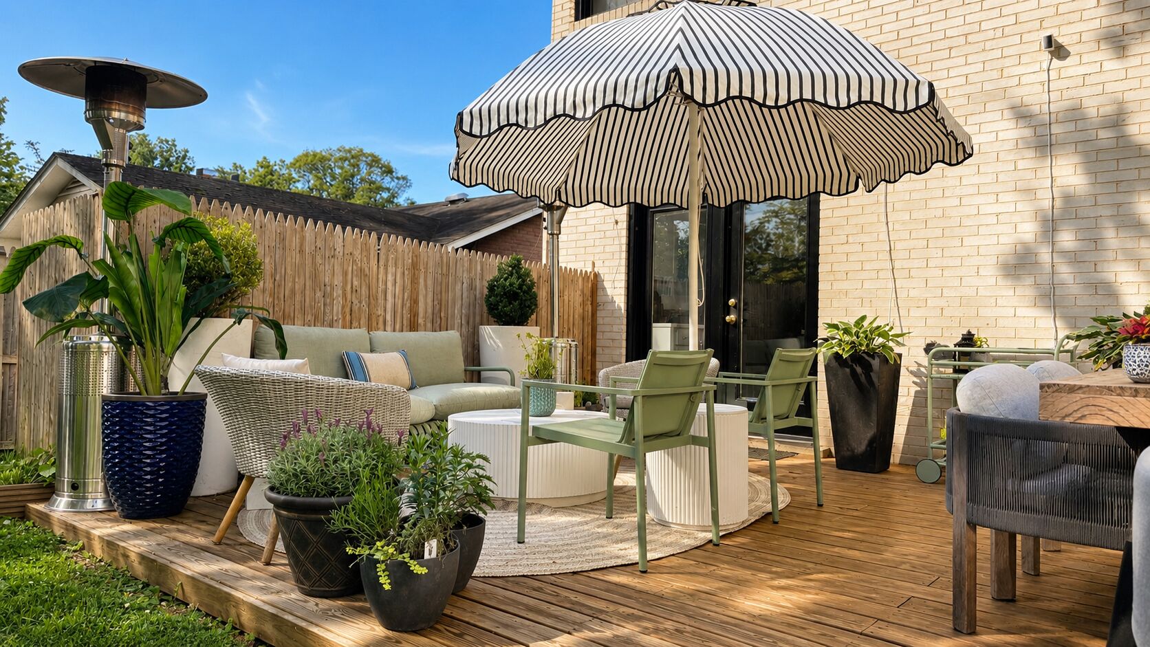 Eine Terrasse mit Gartenmöbeln, einem großen Sonnenschirm und Kübelpflanzen.