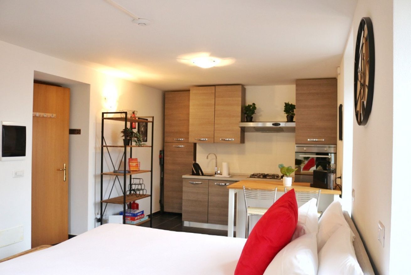 A compact hotel room with a bed, a small kitchenette, a wooden door, and a shelf with books and plants.