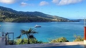 A large body of water with a yacht, surrounded by hills and a clear sky. - Magens Bay - dining - POOL - Incredible views (St. Thomas)