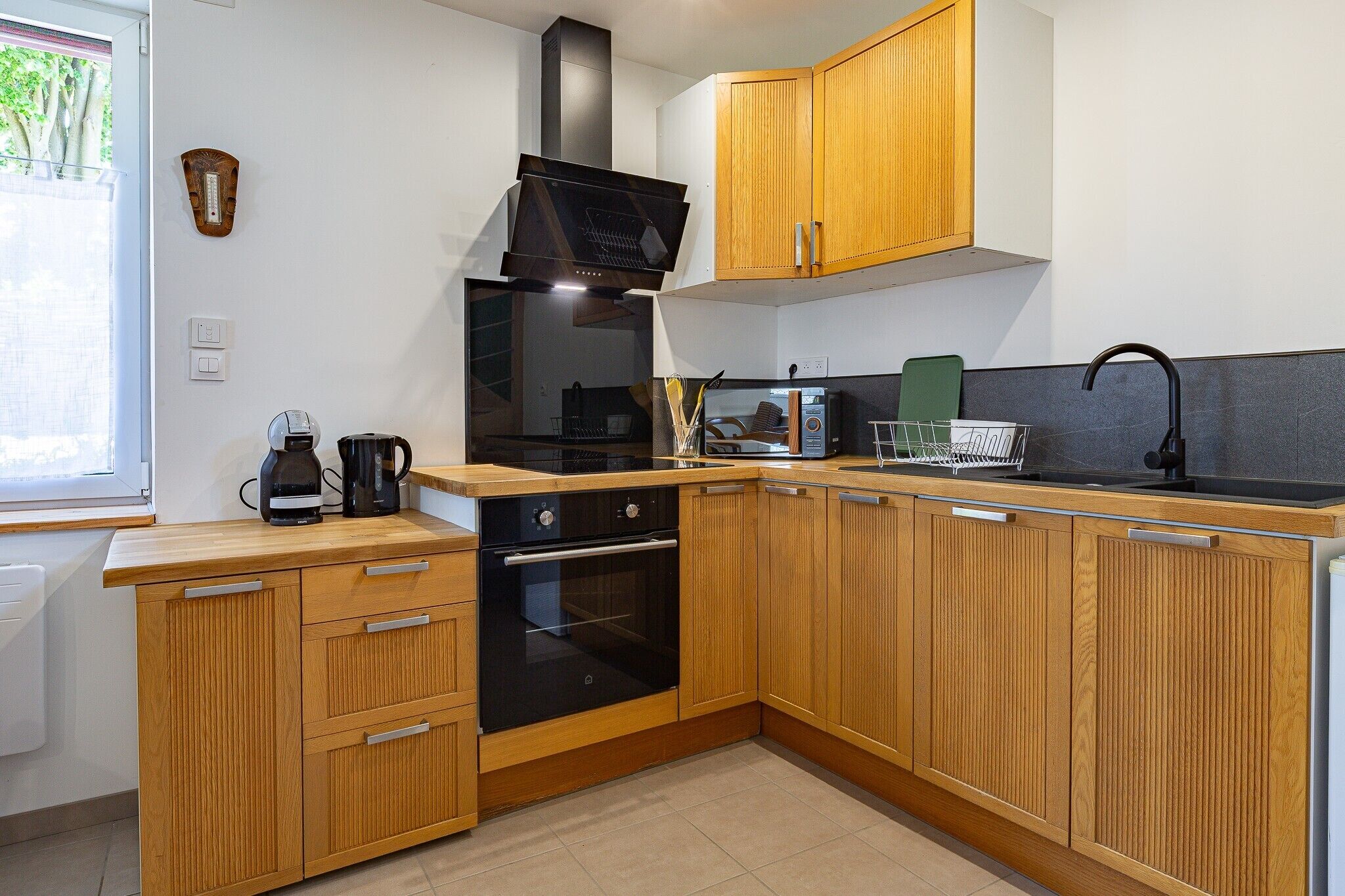 Fridge, microwave, coffee/tea maker, highchair