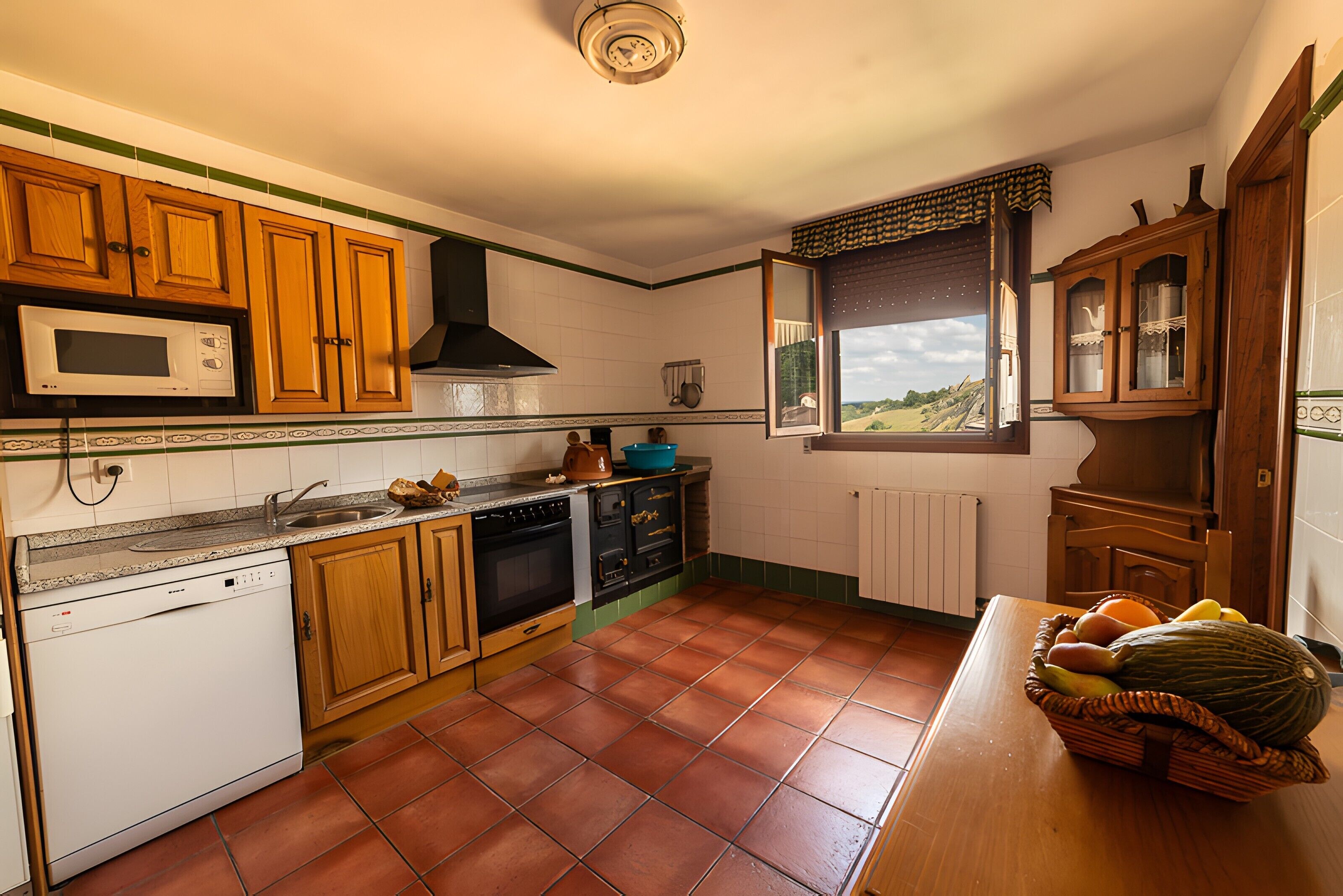 Een koelkast, een magnetron, een kookplaat, een vaatwasser