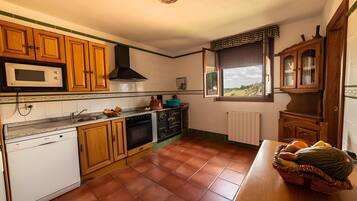 Een koelkast, een magnetron, een kookplaat, een vaatwasser