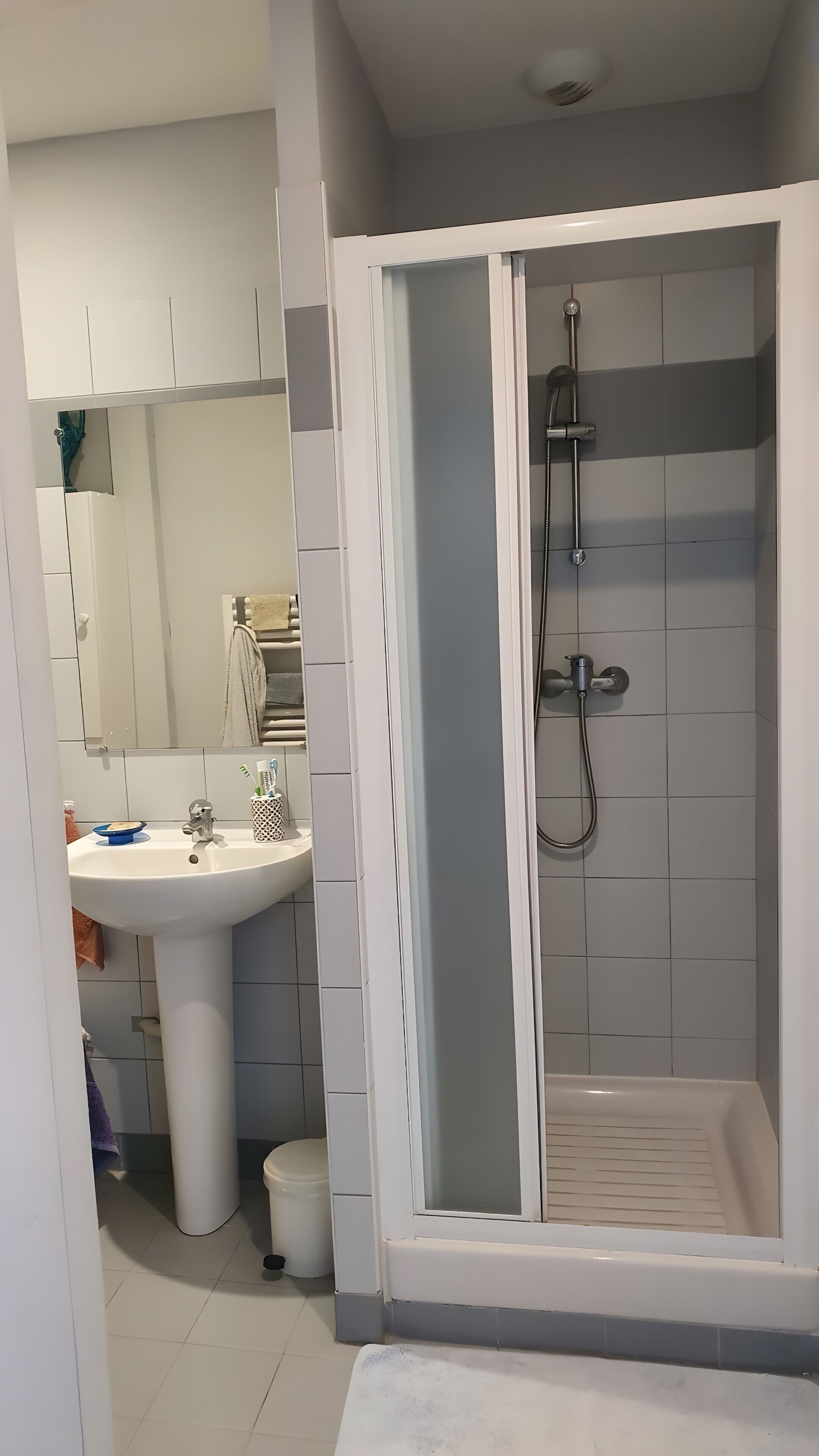 Une salle de bain avec une douche, un lavabo et un miroir.