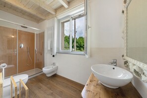 Shower, hair dryer, towels