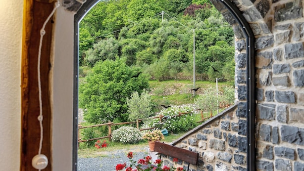 Un muro de piedra con una ventana que muestra una ladera verde y exuberante.