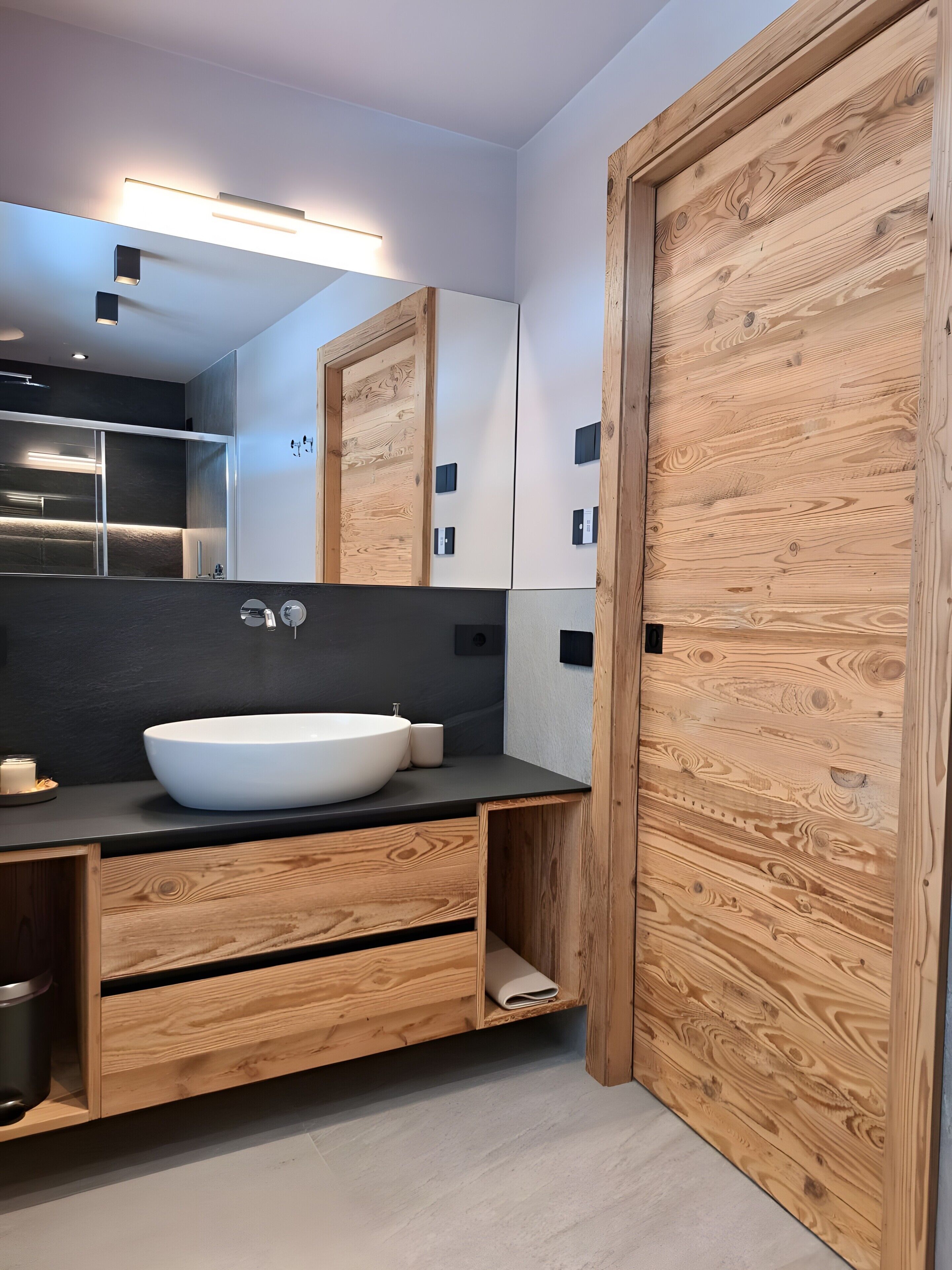 Een moderne badkamer met een grote spiegel, een witte wastafel, houten kasten en een houten deur.
