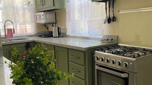 Una cocina con gabinetes verdes, una estufa de acero inoxidable y un microondas.
