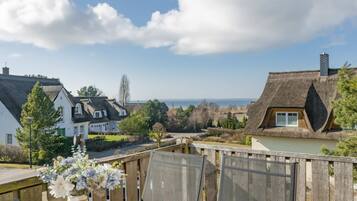 Un village côtier avec des maisons traditionnelles aux toits de chaume, une clôture en bois et une vue sur la mer.
