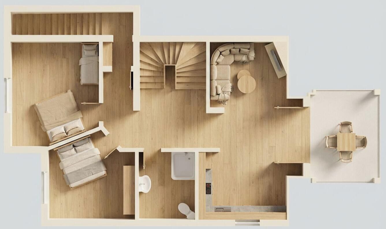 A floor plan of a hotel room with a bed, a seating area, a bathroom, and a dining space.