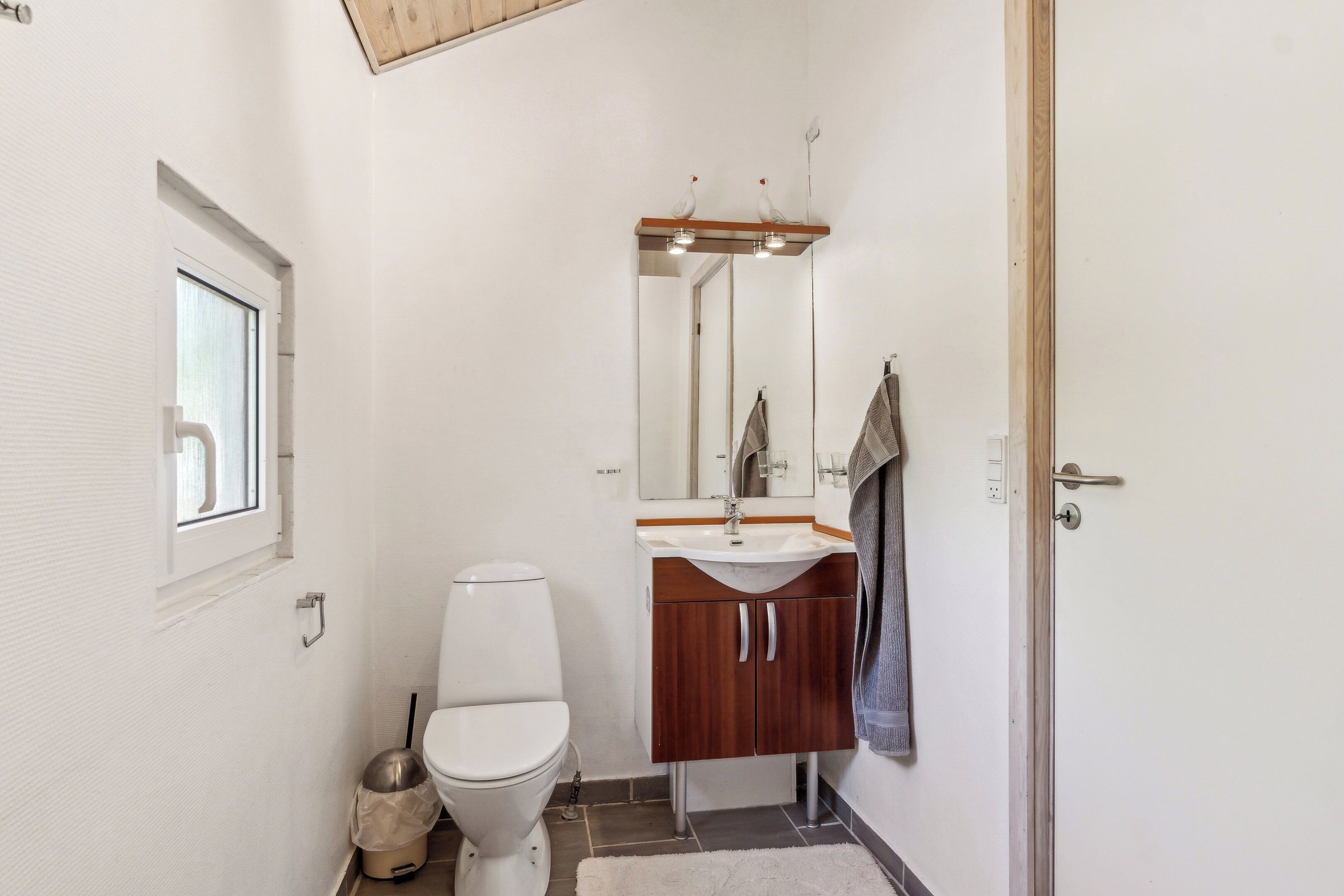 Une salle de bain équipée de toilettes, d’un lavabo, d’un miroir et d’un meuble en bois.