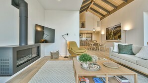 Ein modernes Wohnzimmer mit Kamin, einer Couch, einem Couchtisch und einem Essbereich.