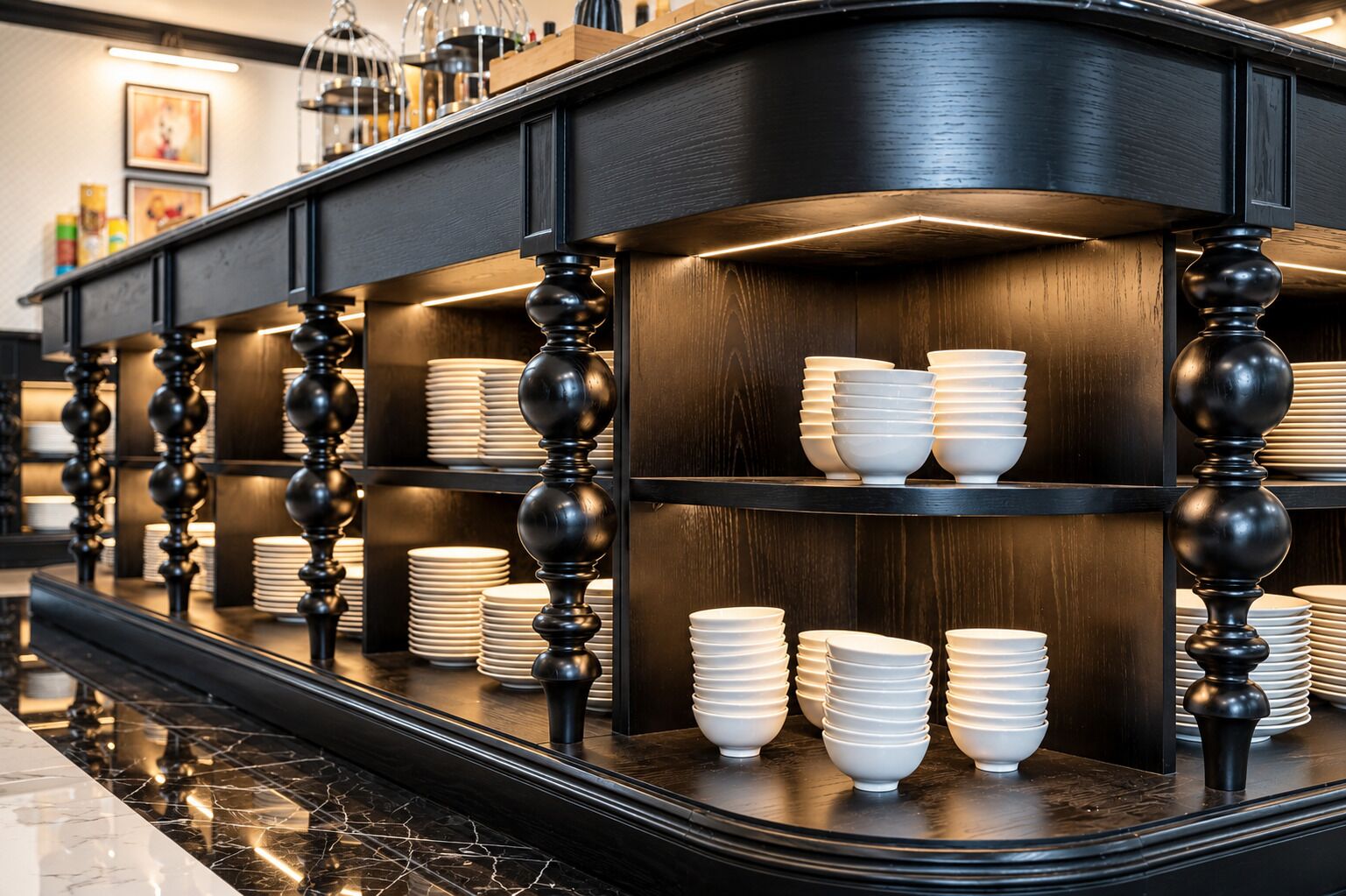 Una encimera de cocina con cuencos y platos blancos apilados, armarios de madera oscura y barandillas decorativas negras.