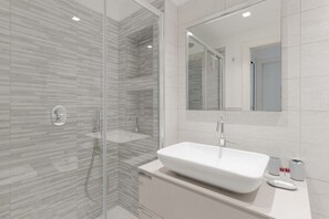 Shower, hair dryer, bidet, towels