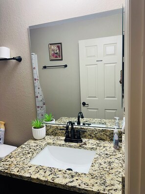 Une salle de bain avec un comptoir en granit, un lavabo blanc, un robinet noir, un miroir, un porte-serviettes, une porte et une petite plante en pot.