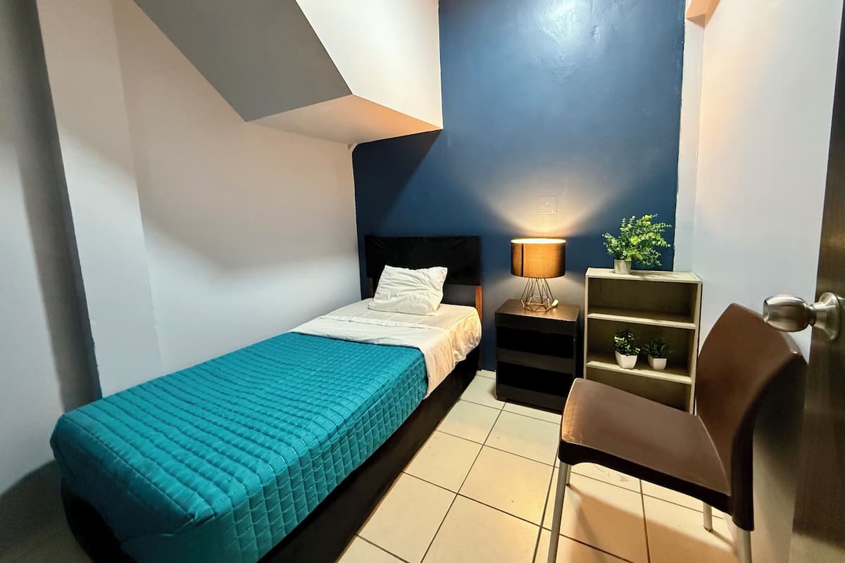 A compact bedroom with a bed, a chair, a nightstand, and a shelf with plants.