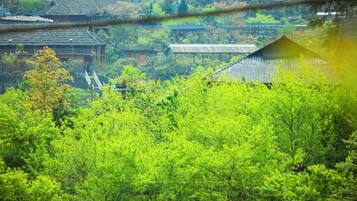 A traditional Japanese village with wooden houses and lush greenery.