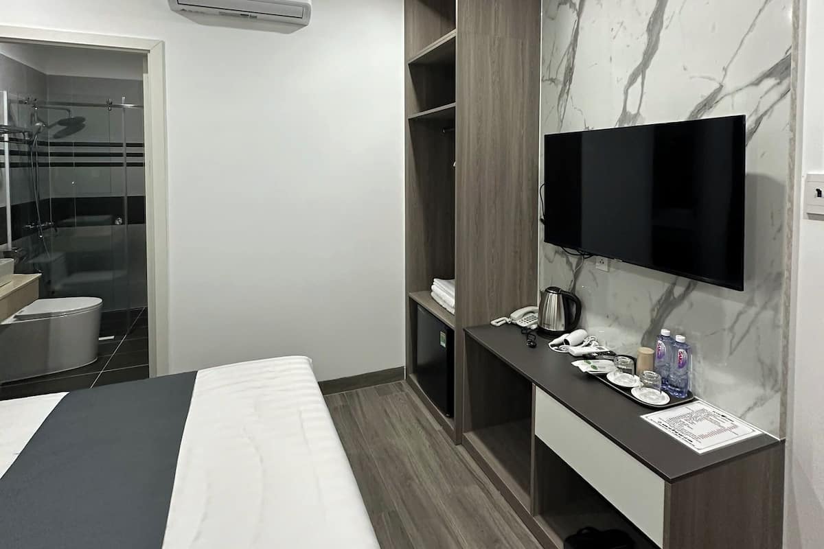 A modern hotel room with a bed, a desk with a flat-screen TV, a built-in wardrobe, and a shower area.