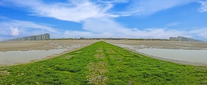 A coastal view with a green grassy path leading to a beach, buildings in the background, and a clear sky. - Luxurious Apartment With Stunning sea View (Middelkerke)