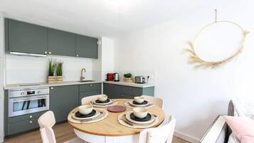 Fridge, microwave, electric kettle, toaster