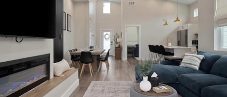 Smart TV, fireplace, video games, offices