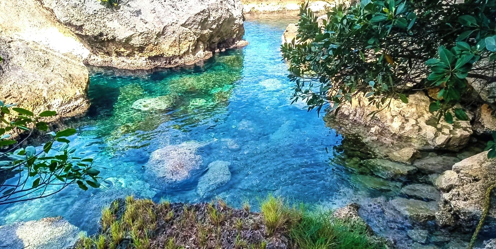 Uma piscina límpida e natural, rodeada por terreno rochoso e vegetação.