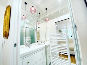 Shower, hair dryer, towels