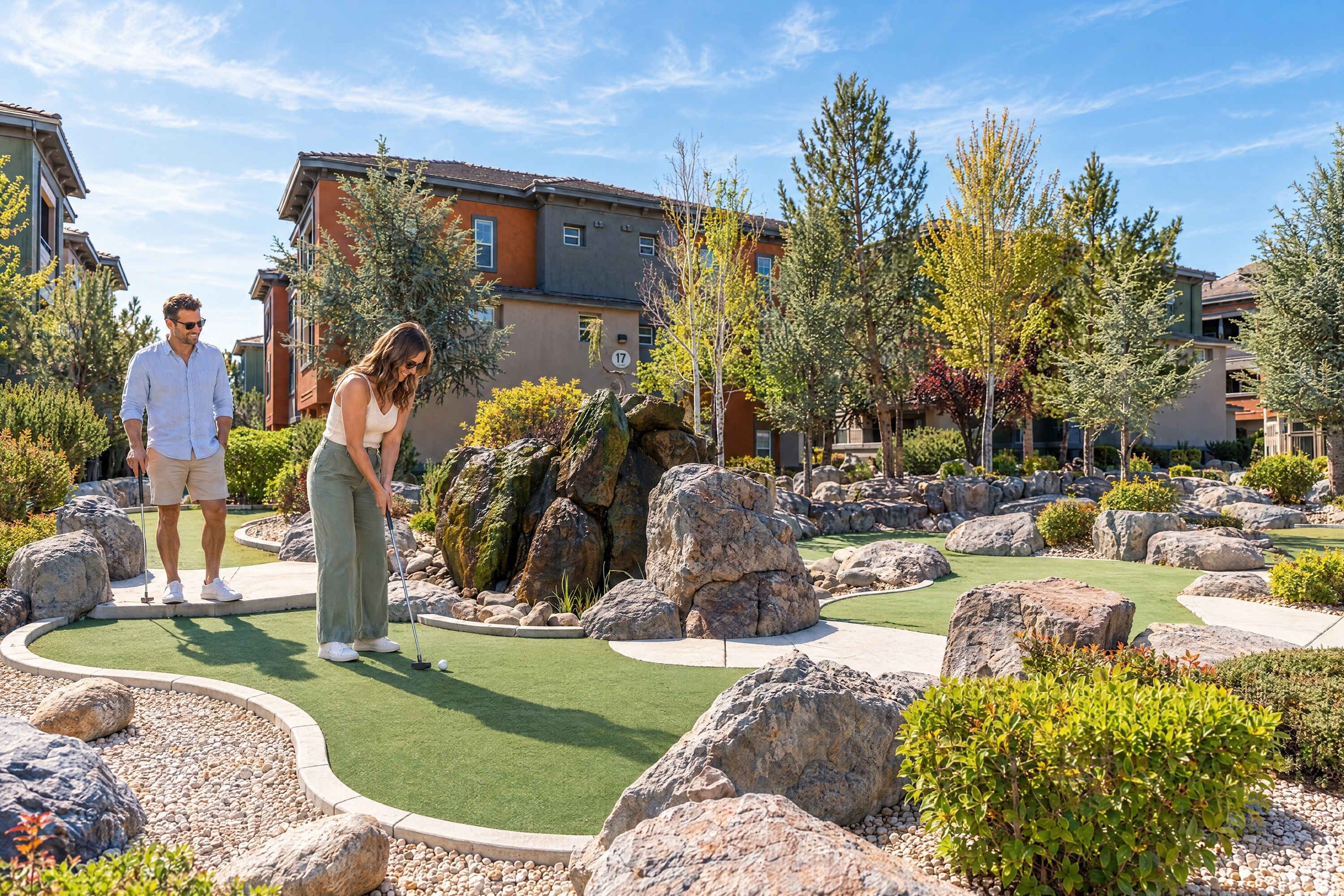 Un couple joue au golf dans un espace extérieur bien entretenu, avec un green d’entraînement, entouré de rochers et d’arbres, et des immeubles résidentiels en arrière-plan.