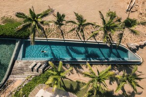 Vista aerea di una piscina rettangolare circondata da palme e un pontile di legno con lettini.
