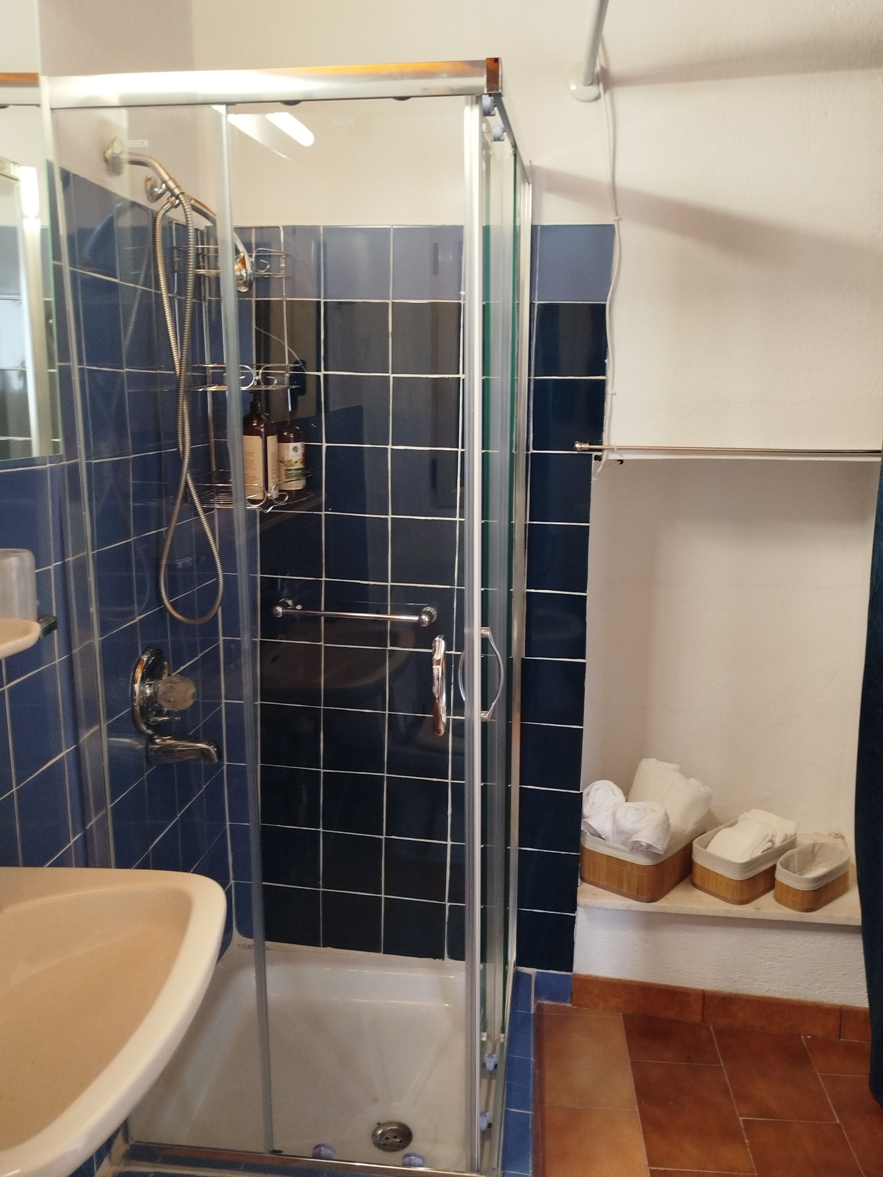 Hair dryer, towels, soap, toilet paper