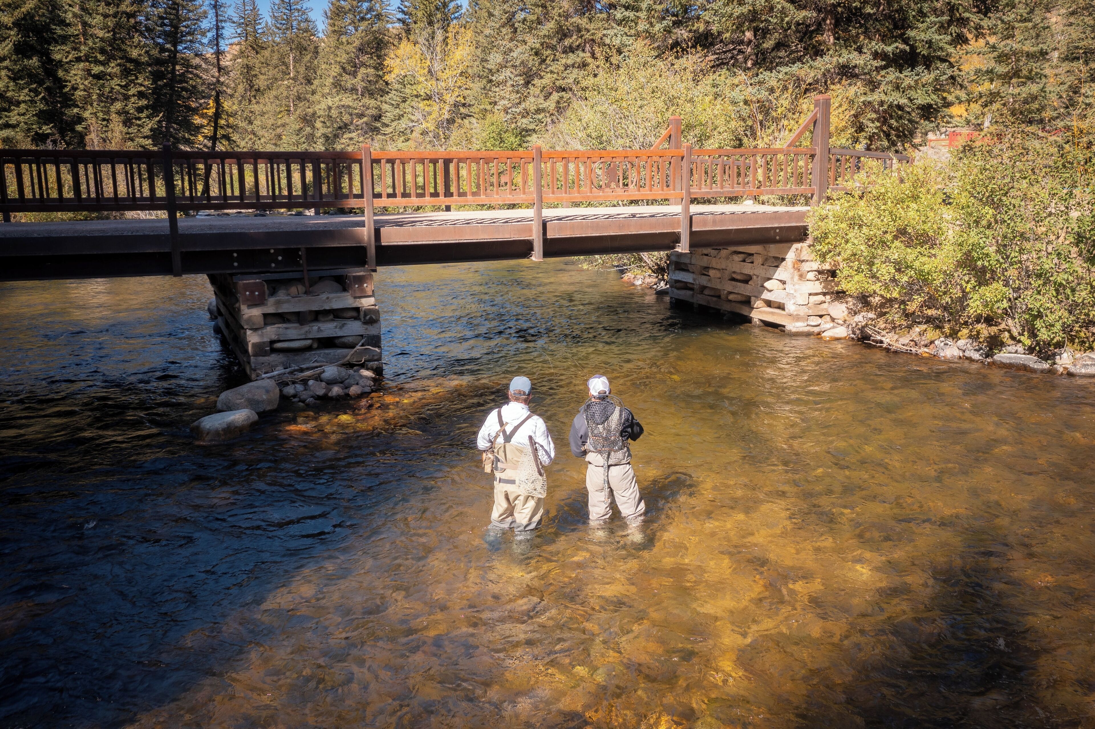 Un puente de madera sobre un arroyo cristalino, con dos personas de pie en el agua.