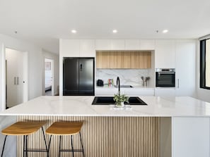 Fridge, microwave, oven, stovetop