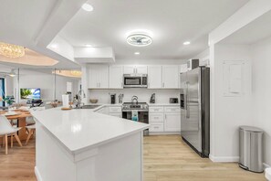 A modern kitchen with white cabinetry, stainless steel appliances, and a central island.