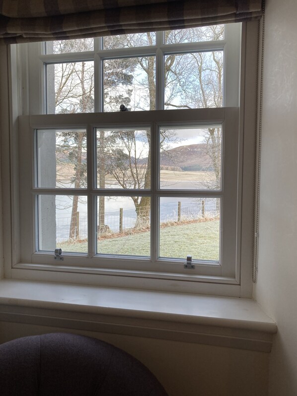 Una ventana con vista a un lago y árboles, una silla en primer plano y una cortina escocesa.