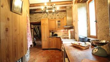 Microwave, dishwasher, high chair, cookware/dishes/utensils