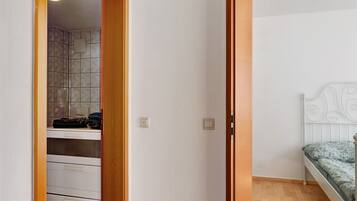 Chuveiro, secador de cabelo, toalhas de banho