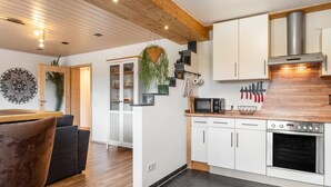 A modern kitchen with white cabinets, a stainless steel oven, and a hanging plant. - Apartment 'Rudemsmännchen' with Terrace and Garden (Eisenbach (Hochschwarzwald))
