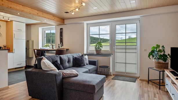 A modern living room with a sectional sofa, a television on a wooden stand, and a large window with a view of a green landscape. - Apartment 'Rudemsmännchen' with Terrace and Garden (Eisenbach (Hochschwarzwald))