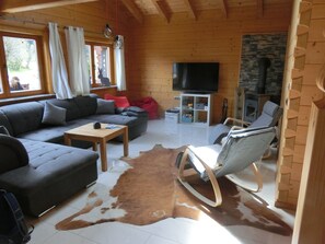 En hyggelig stue med en modulsofa, et lille bord, en lædermatte, et fjernsyn og en pejs.