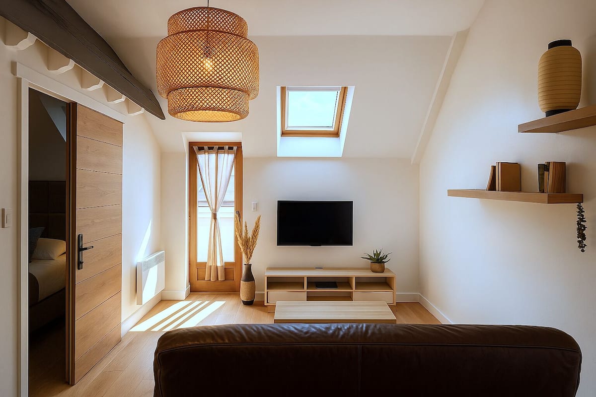 Ein modernes Wohnzimmer mit Fernseher, Holzmöbeln, einem großen Fenster und einer Deckenleuchte.