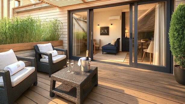 Un espace patio extérieur avec des meubles en osier, une porte vitrée donnant sur une pièce et une plante en pot.