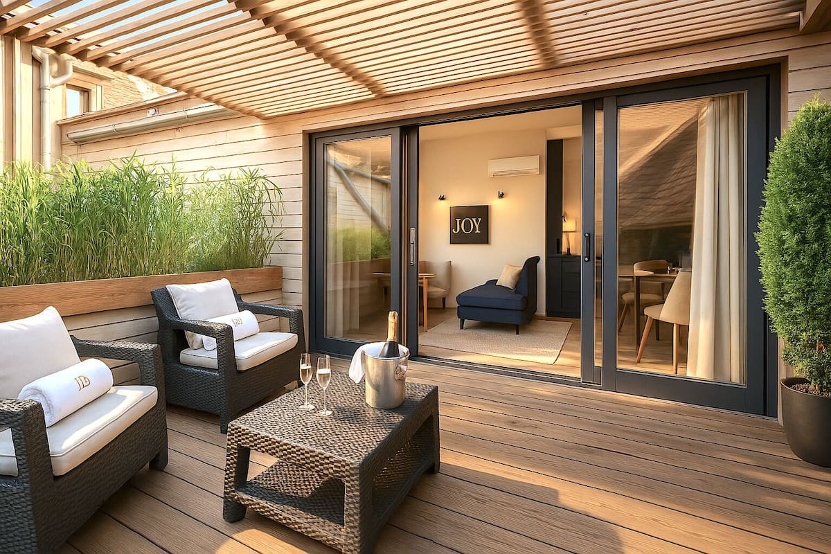 Ein Außenbereich mit Terrasse, Korbmöbeln, einer Glastür, die zu einem Raum führt, und einem Blumentopf.