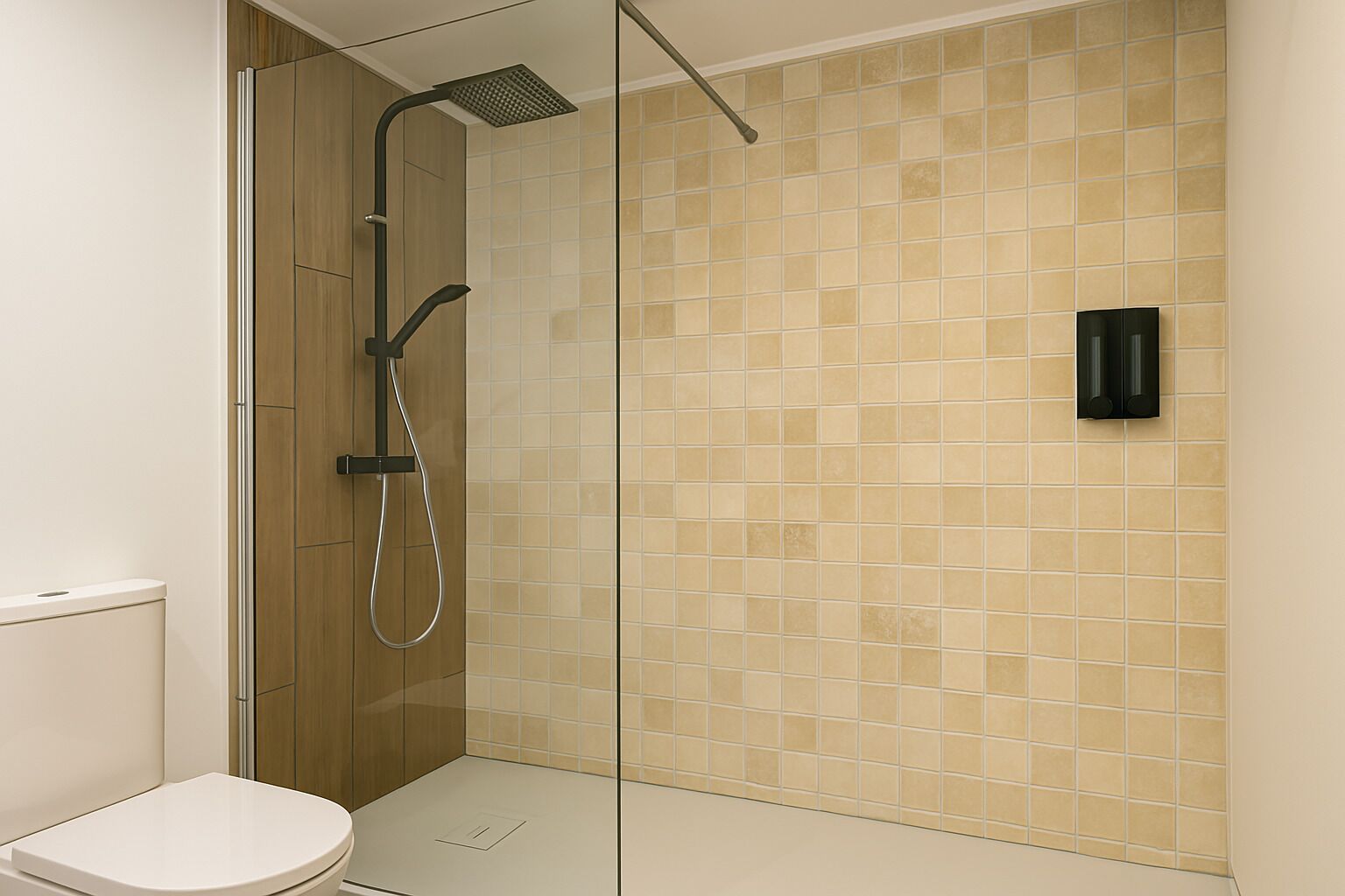 A modern bathroom with a glass shower enclosure, a toilet, and a tiled wall.